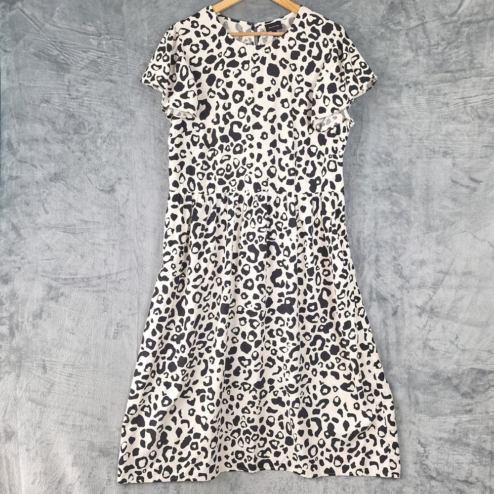 Womens Dress XL Linen Blend Leopard Animal Print Midi Pockets Beach Coastal